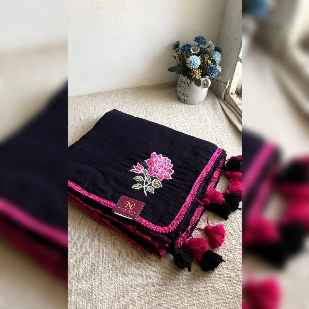 Black mulcotton saree with embroidery