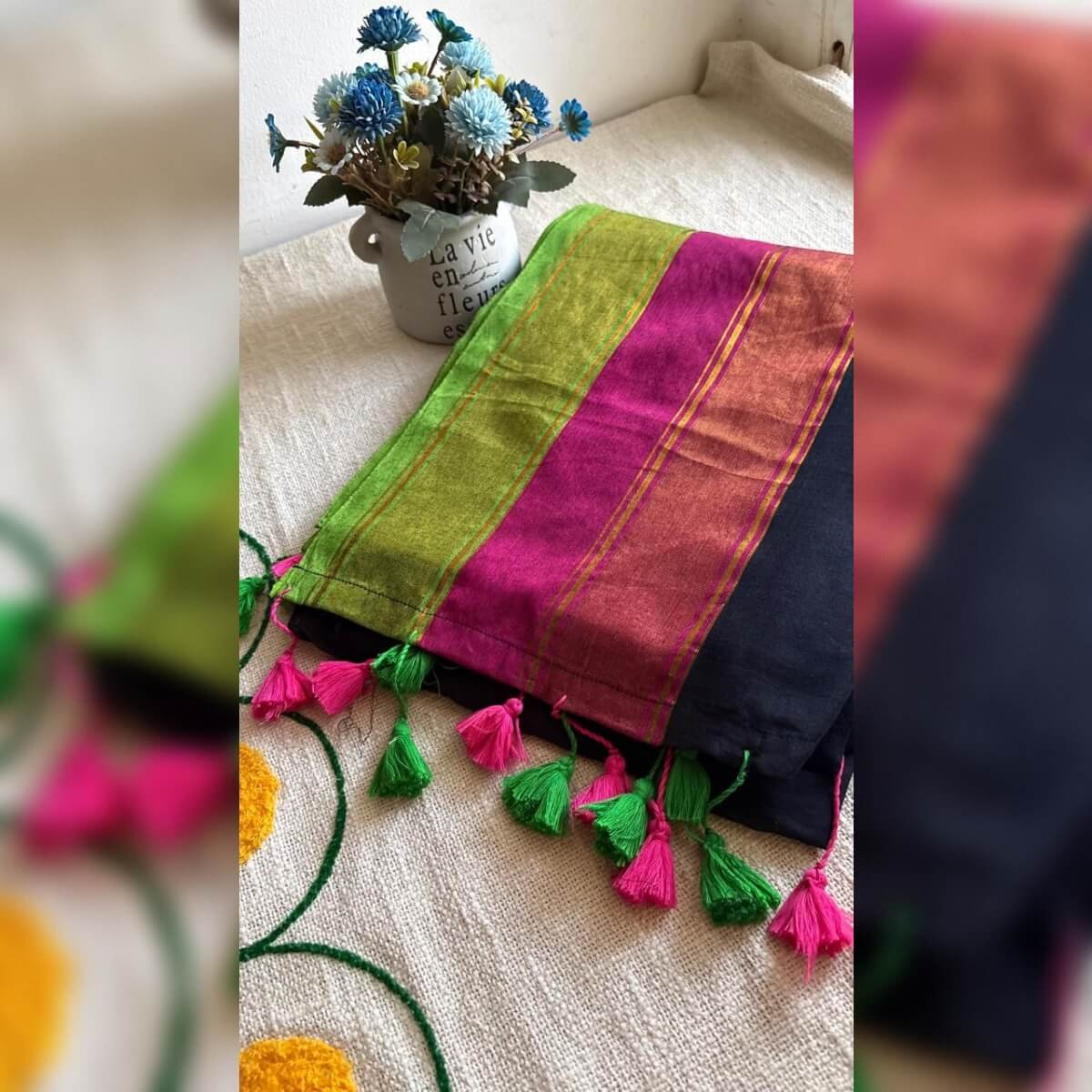 Black mulcotton saree with kanchi border