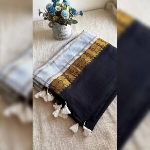 Black mulcotton saree with kanchi border